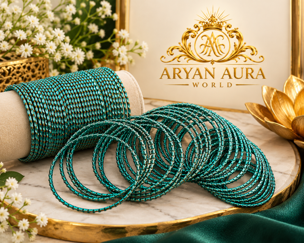 Elegant Teal Green Textured Bangles with Gold-Tone Detailing