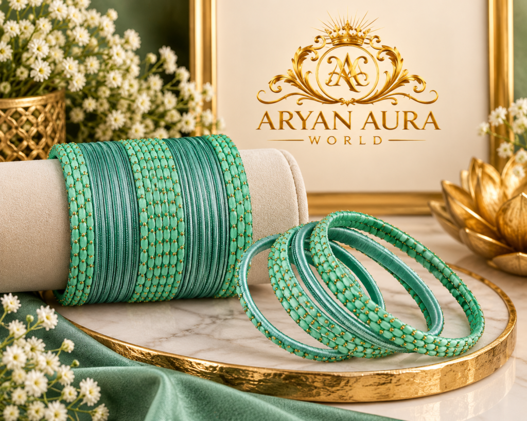 Elegant Textured Metal Green Bangles with Gold-Tone Accents