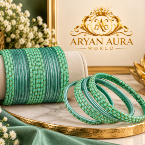 Elegant Textured Metal Green Bangles with Gold-Tone Accents