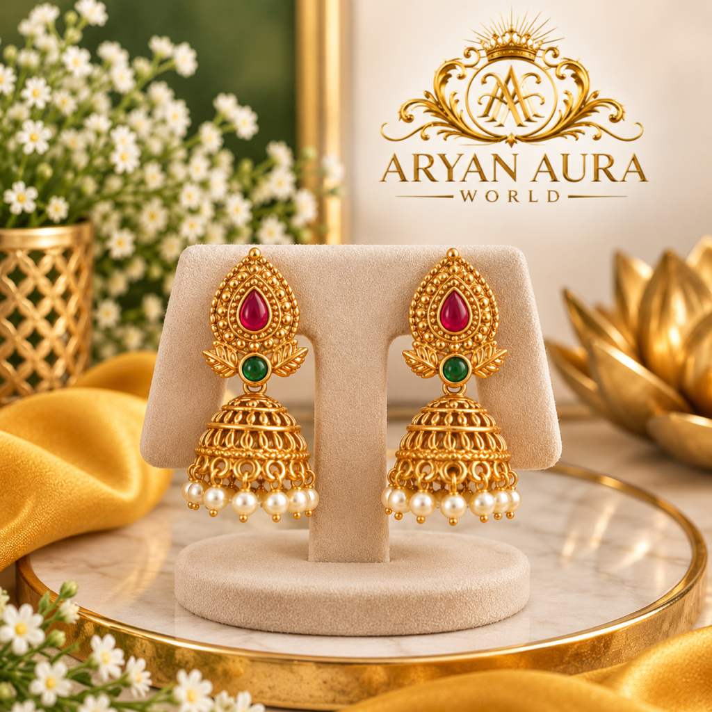 Elegant Gold-Tone Kundan-Style Jhumka Earrings with Red & Green Stones