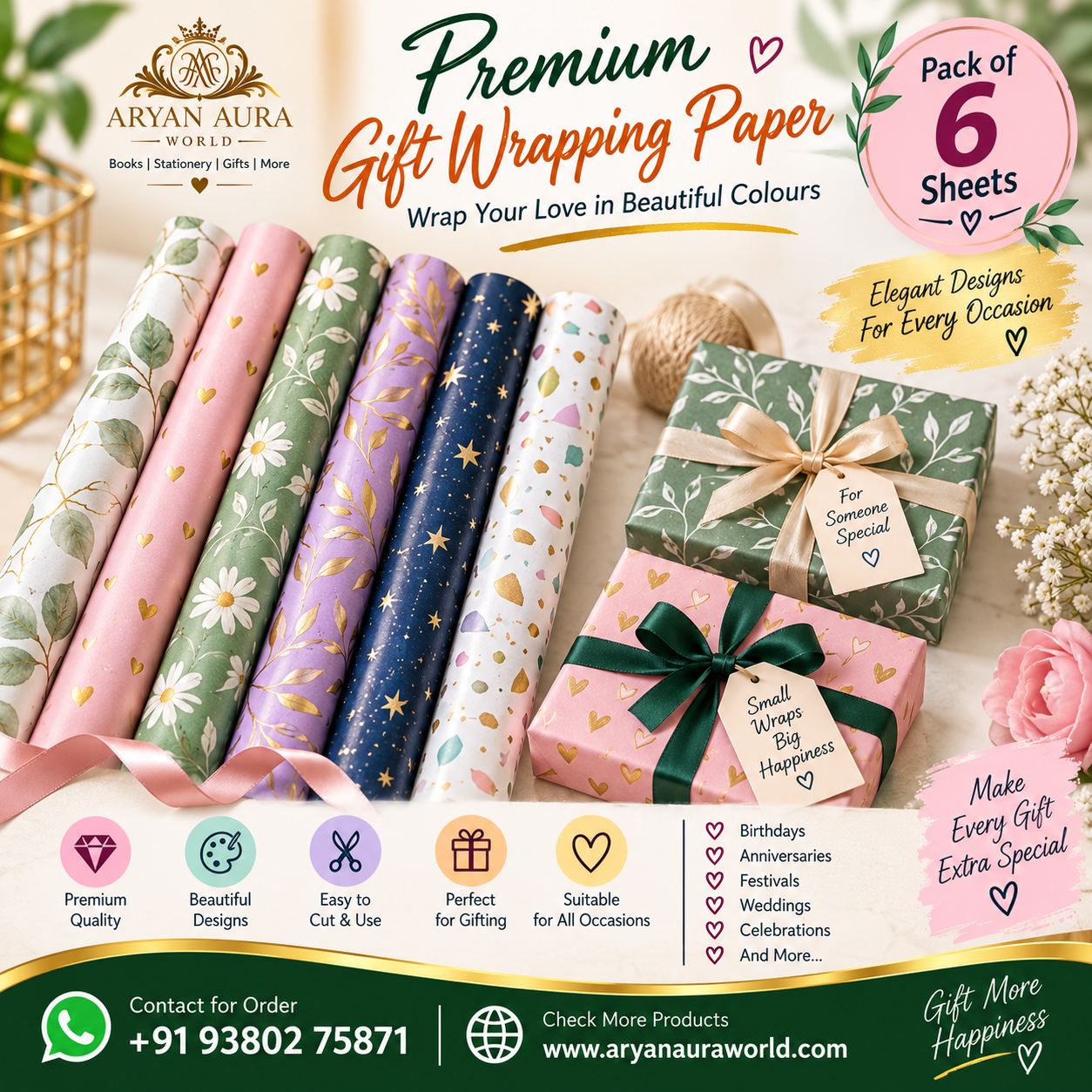 Gift Wrapping Paper Premium – Pack of 6 Sheets | Assorted Designs