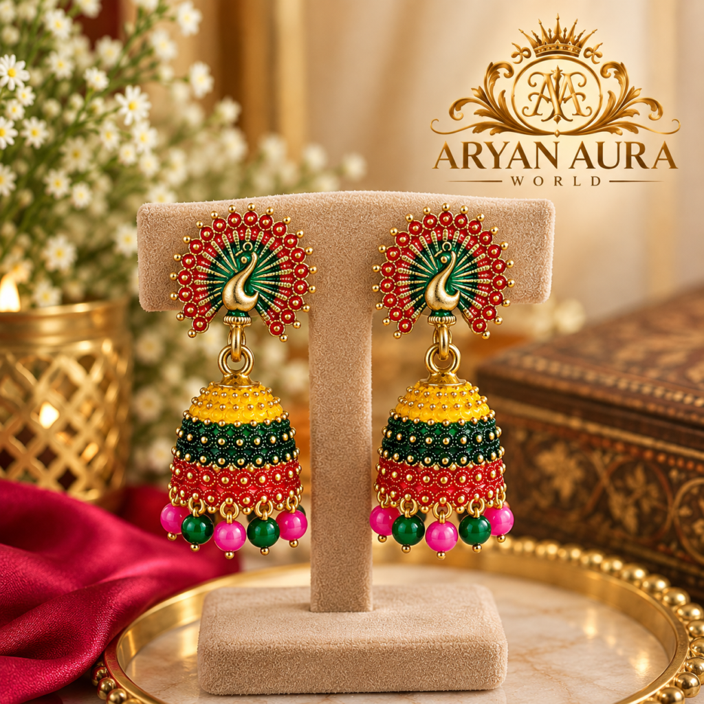 Elegant Peacock Jhumka Earrings with Red & Green Detailing