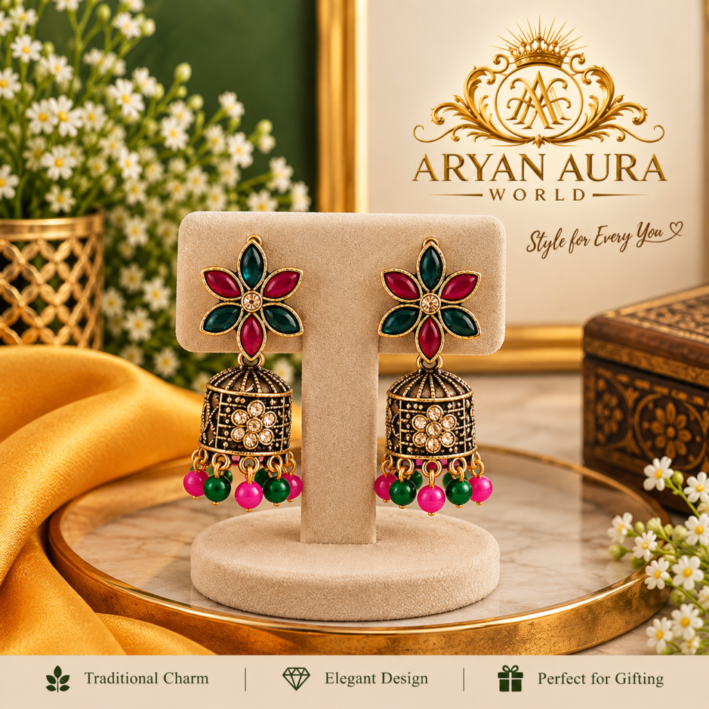 Elegant Pink & Green Floral Jhumka Earrings