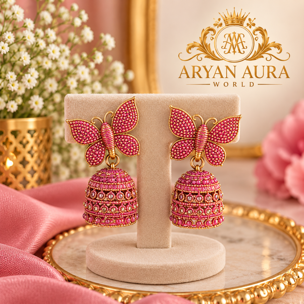 Elegant Pink Butterfly Jhumka Earrings