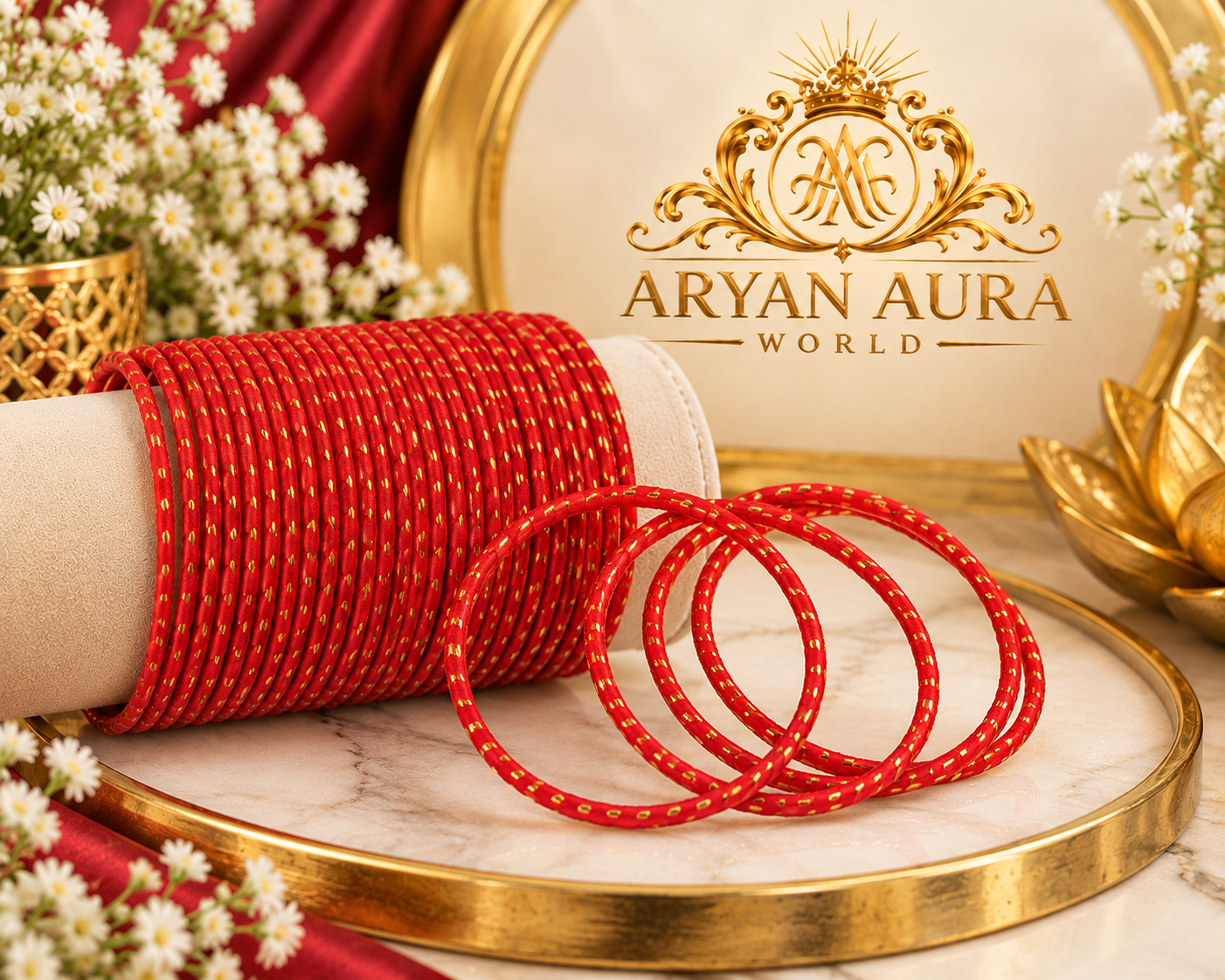Elegant Textured with Red Gold-Tone Dotted Detailing